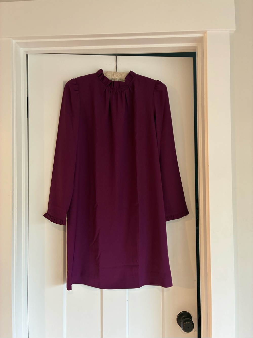 J Crew deep plum Purple Ruffle Neck Shift Dress long sleeves knee length size 0